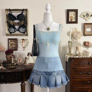 y2k dainty coquette angelic girly grunge baby blue sheer mesh lace milkmaid cami